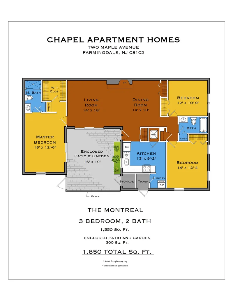 Color marketing floor plan of a 3-bedroom, 2-bath apartment with room dimensions