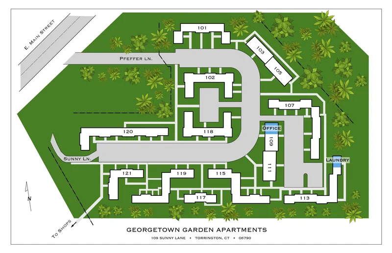 Color site plan of a garden apartment complex showing building numbers and roads
