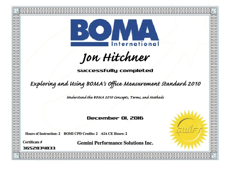 Jon Hitchner’s Building Owners and Managers Association (BOMA) certificate