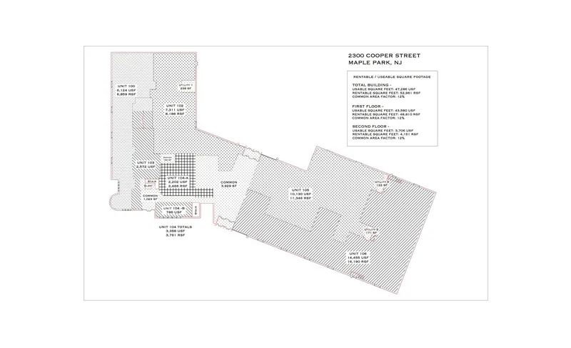 Multi-unit commercial building plan with rentable and usable square footage and common area factor