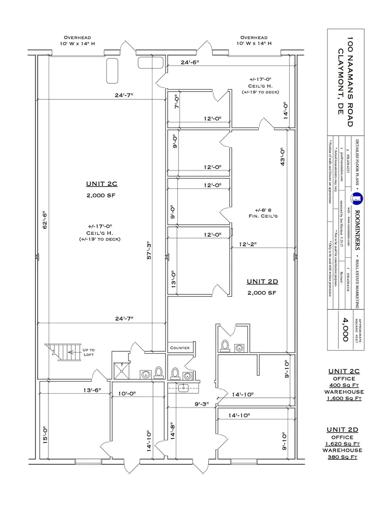 Flex space floor plan of two units with office and warehouse square footage
