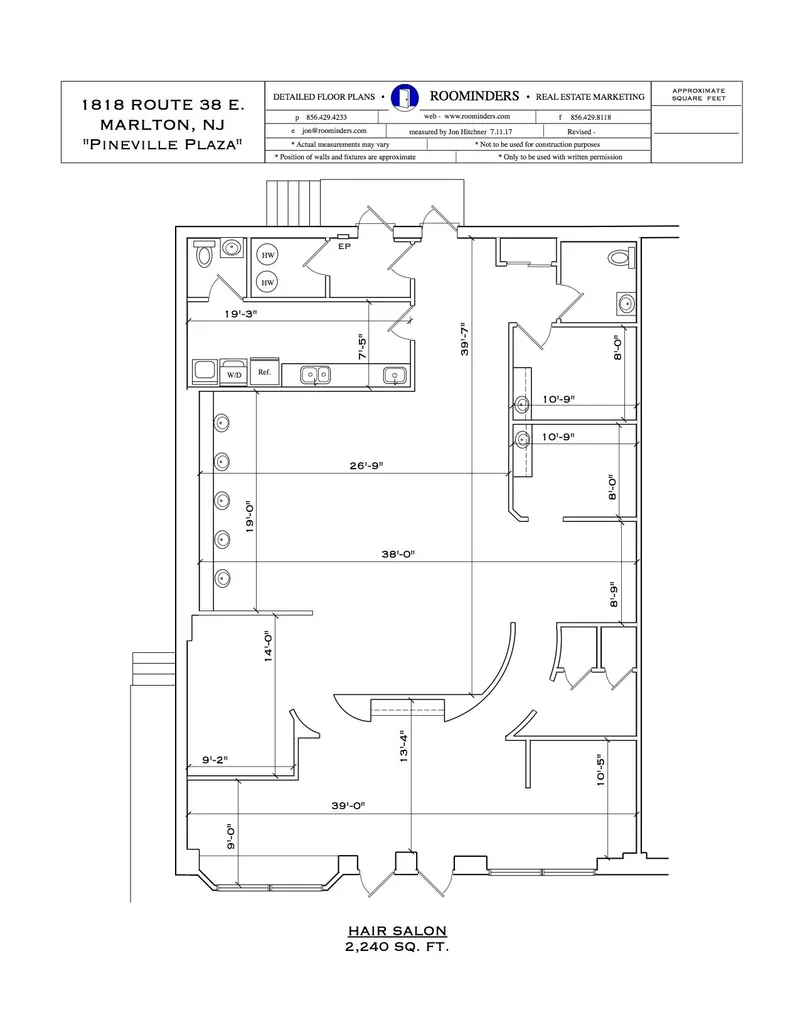 Hair salon floor plan, 2,240 square feet, with dimensions