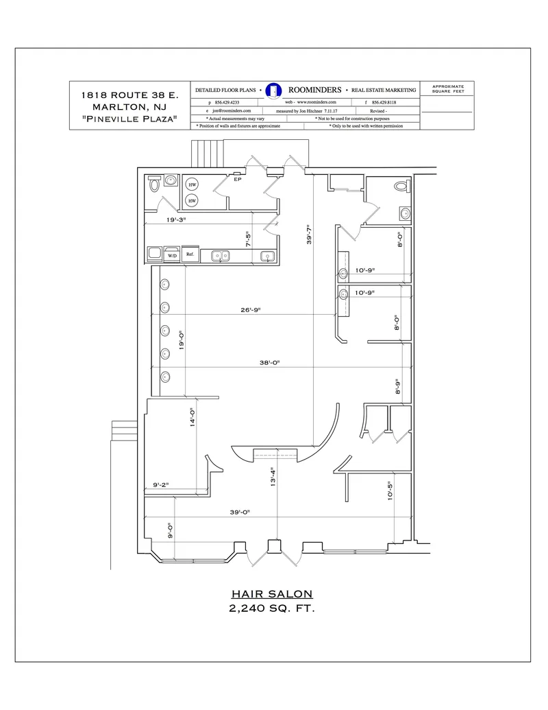 Hair salon floor plan, 2,240 square feet, with dimensions
