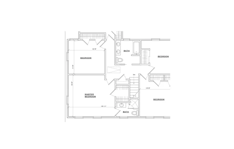 Residential second-floor plan with master bedroom, bedrooms and baths