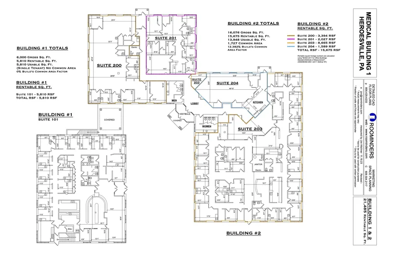 Color-coded medical office building floor plan with rentable square feet per suite
