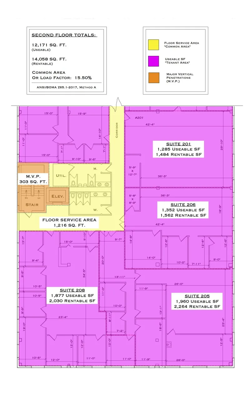 Color-coded office floor plan measured using BOMA Method A with common area load factor