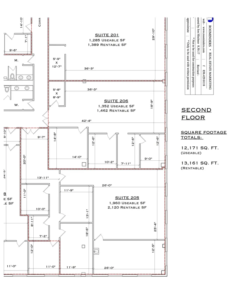 Detail of a second-floor office plan with suite dimensions and square footage totals