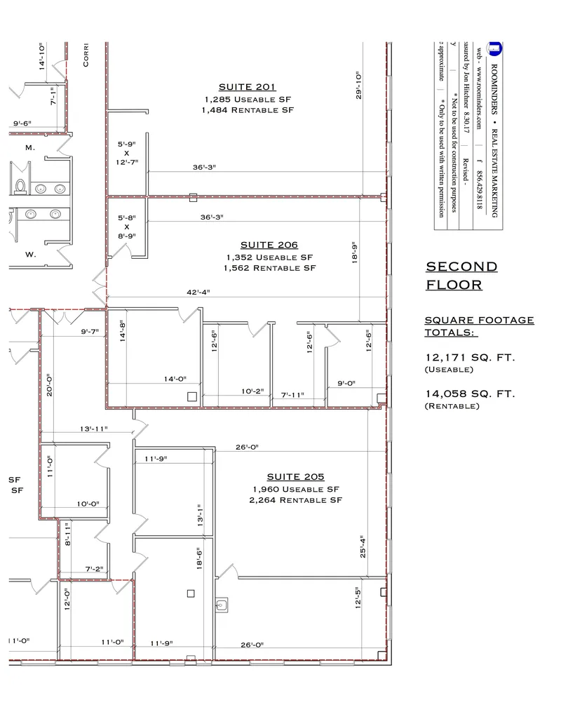 Detail of a second-floor office plan with suite dimensions and square footage totals