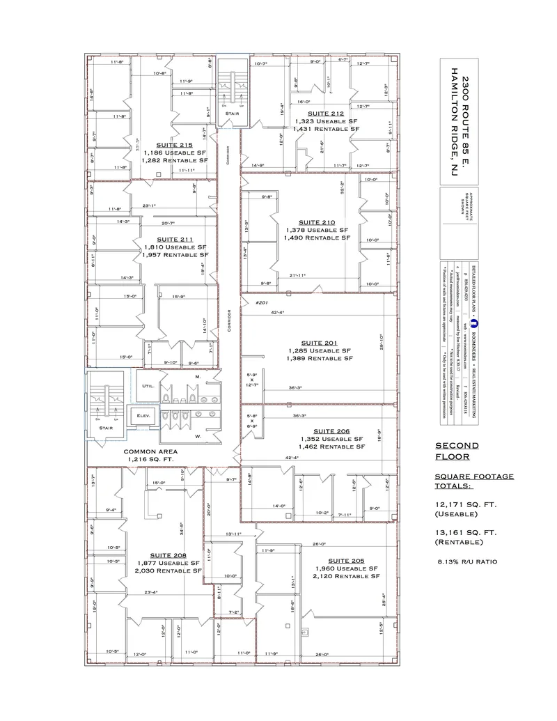 Second-floor office building plan with usable and rentable square feet per suite