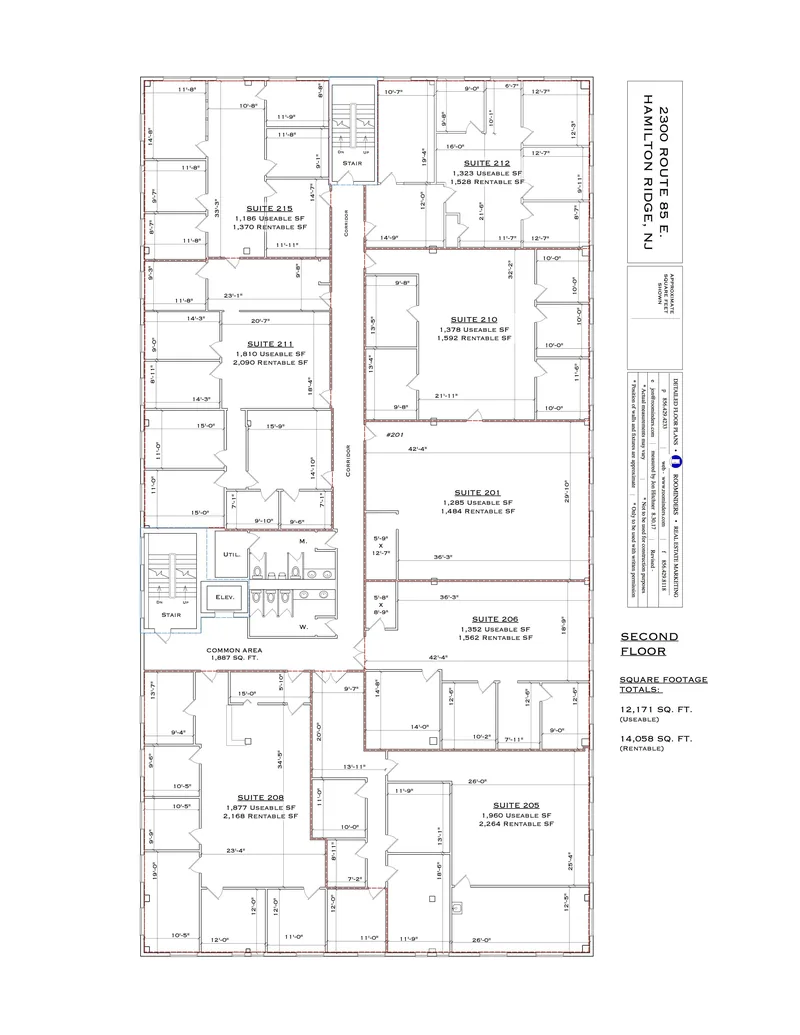 Second-floor office building plan with usable and rentable square feet per suite