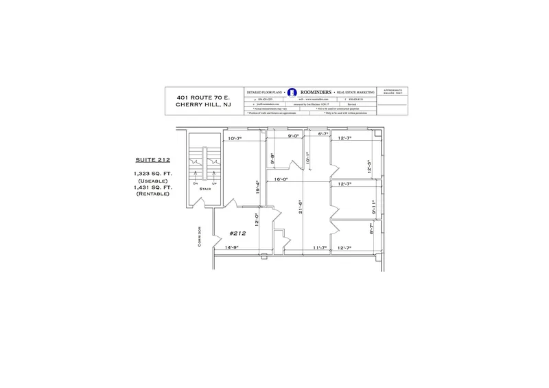 Single office suite floor plan, 1,323 usable square feet