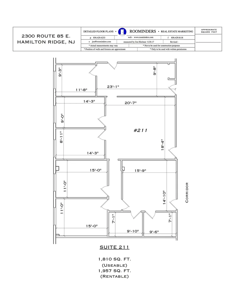 Single office suite floor plan, 1,610 usable square feet