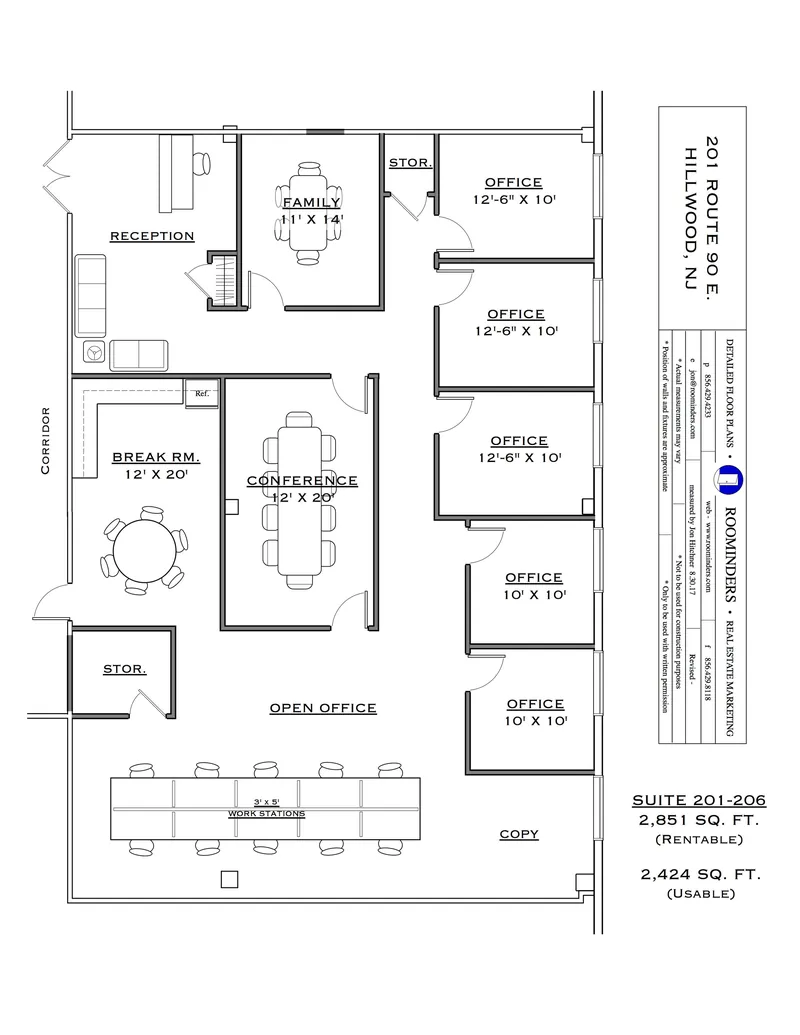 Office suite floor plan with furniture layout, conference room, private offices and open office