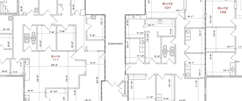 Detail floor plan of neighboring office suites along a shared corridor