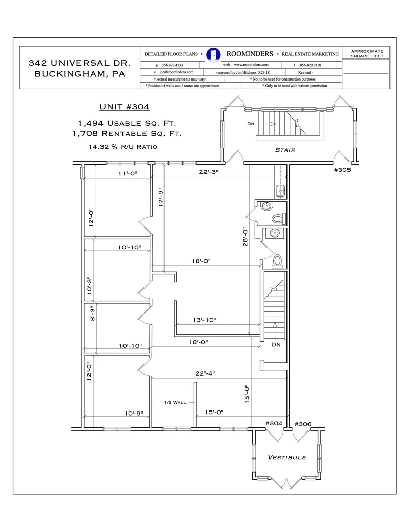 Office unit floor plan listing usable and rentable square feet and R/U ratio