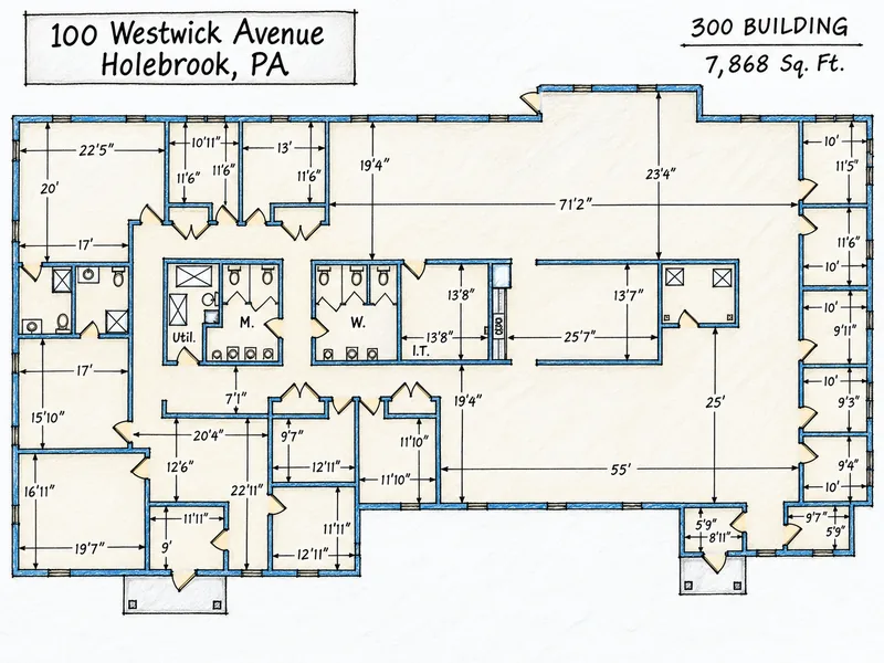 Hand-drawn style color floor plan of a 7,868 square foot office building with room dimensions
