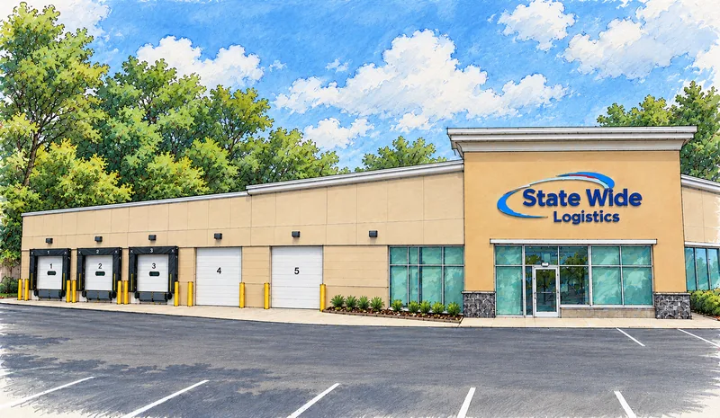 Watercolor-style sketch of a logistics warehouse exterior with loading docks and a glass entrance
