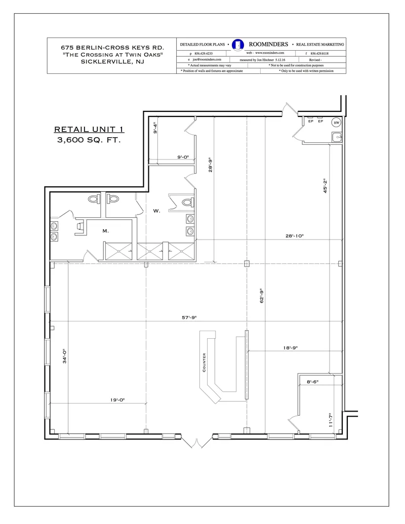 Retail unit floor plan, 3,600 square feet, with dimensions