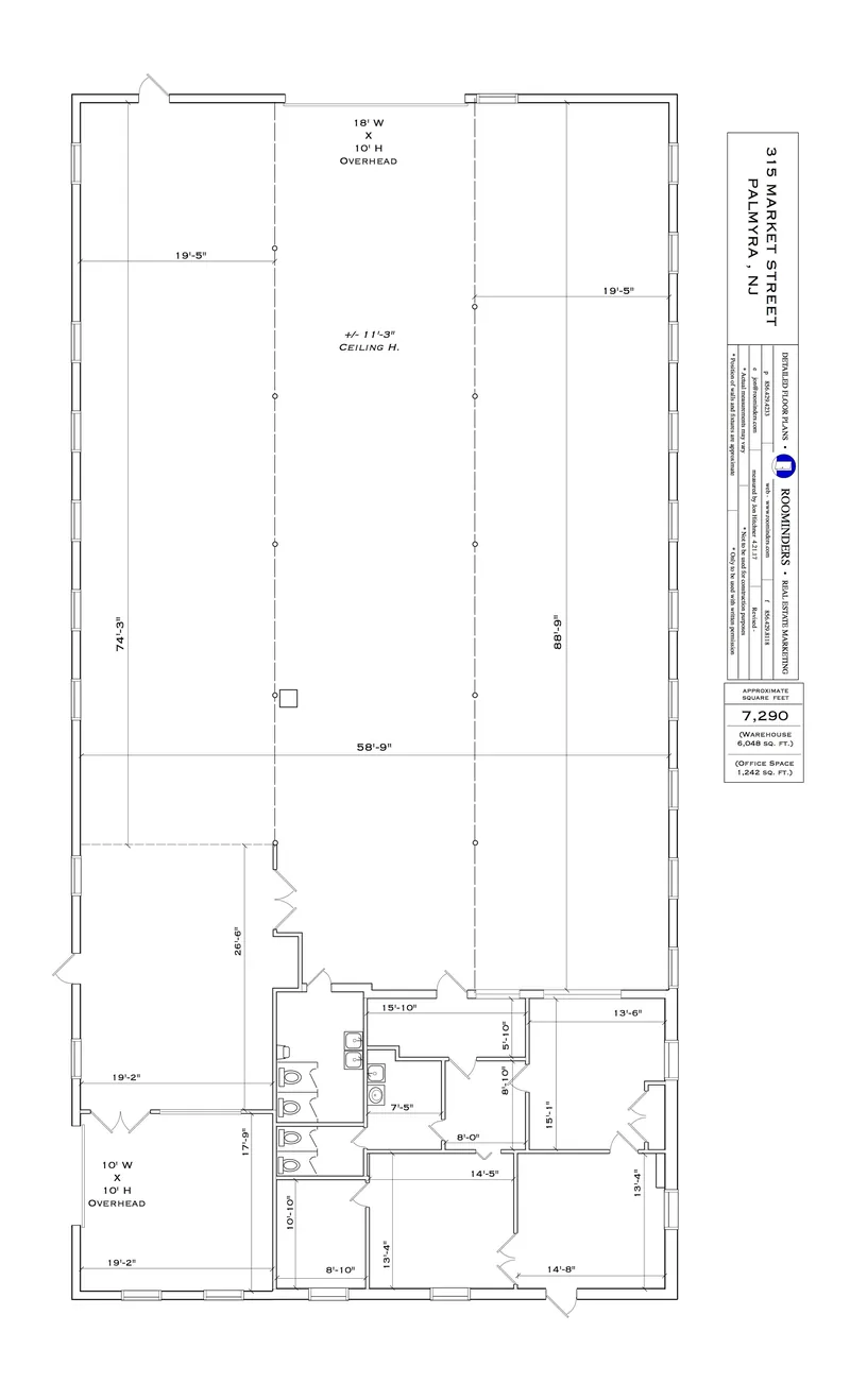 Warehouse floor plan, 7,290 square feet, with office area and overhead doors