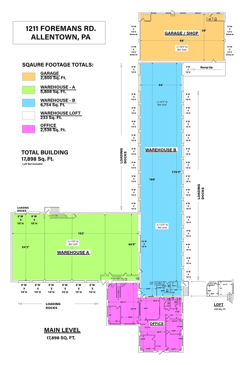 Color-coded warehouse floor plan with garage, office and loft square footage totals