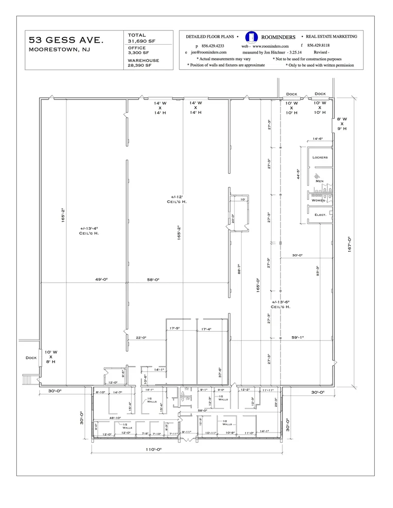 Warehouse floor plan with front office area, loading docks and ceiling heights